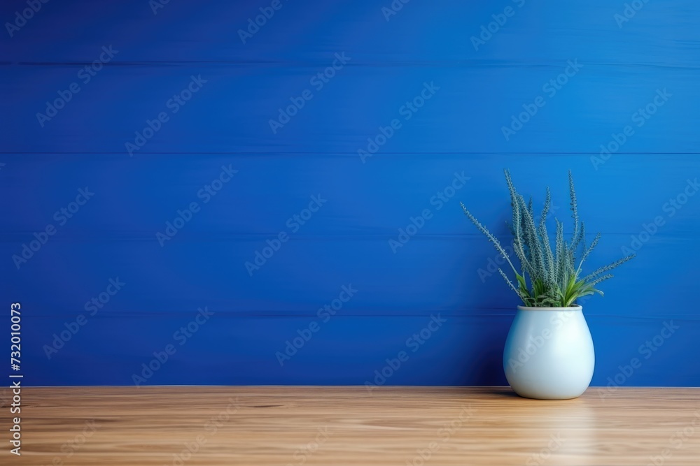 Wall mockup of a cobalt blue minimalist wall background with wood parquet flooring. Empty room. Plant pot. Minimalist. Design. Customize