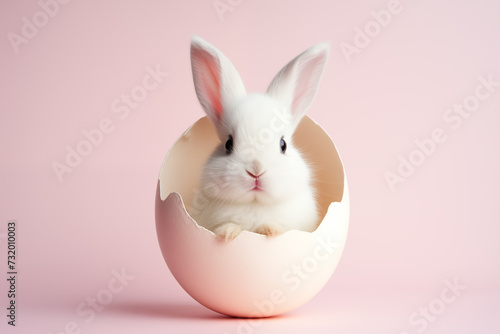 A cute rabbit peeking its head from a cracked Easter egg with a pink background