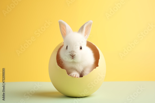 A cute rabbit peeking its head from a cracked Easter egg with a yellow background