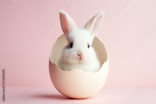 A cute rabbit peeking its head from a cracked Easter egg with a pink background © Jakraphong