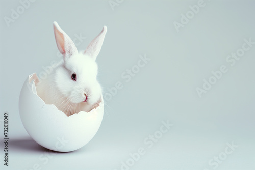 A cute rabbit peeking its head from a cracked Easter egg with a white blue background