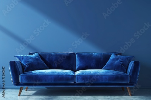Stylish blue fabric sofa with wooden legs on blue background with shadow. Fashionable comfortable single piece of furniture. Blue interior, showroom. Vilyura, velvet sofa. Luxury couch front view . photo