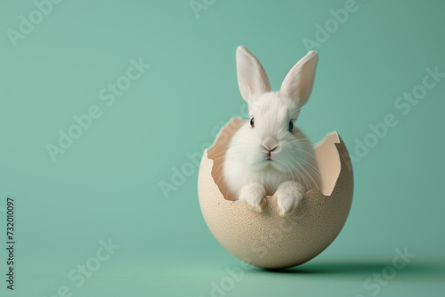 A cute rabbit peeking its head from a cracked Easter egg with a turquoise background © Jakraphong