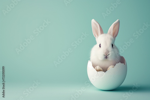 A cute rabbit peeking its head from a cracked Easter egg with a green background