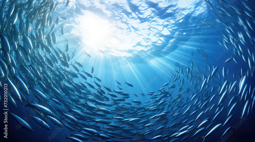 Large shoal of fish bigeye trevallies swimming in the open sea in a circle, Unity in motion, vibrant blue - obrazy, fototapety, plakaty 