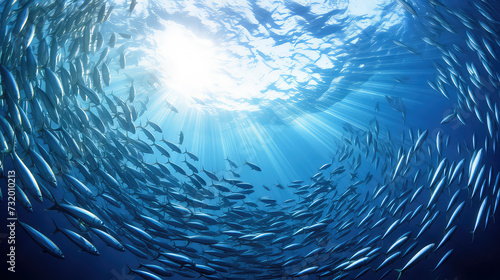 Large shoal of fish bigeye trevallies swimming in the open sea in a circle, Unity in motion, vibrant blue