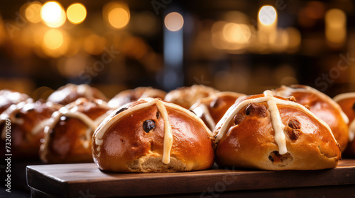 Fresh hot cross bun in bakery, exuding tempting aroma. Warm hues, festive mood, and artisanal touch evoke culinary indulgence, perfect for Easter celebrations photo