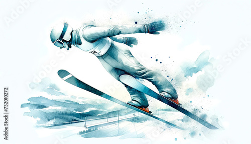 An artistic watercolour depicting a ski jumper dynamically positioned in front of a winter landscape, capturing the movement and excitement of a ski jumper.Sport concept.AI generated.