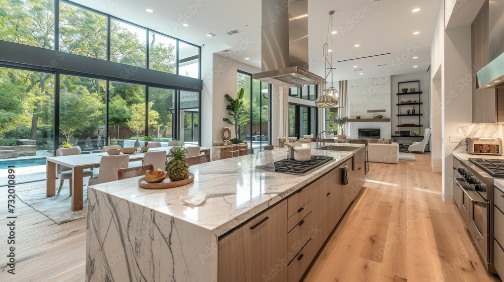 Elegant modern kitchen with central island and eyeball lights using