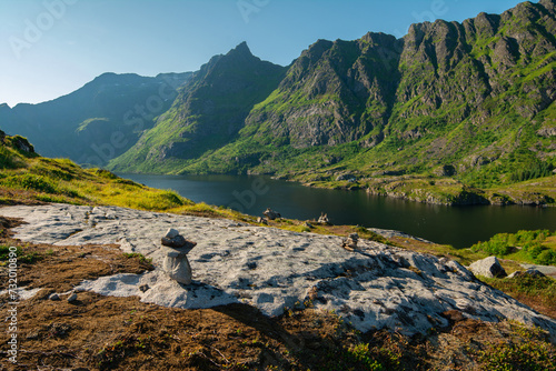 Lake Ågvatnet near town Å i Lofoten on Moskenesøy, Lofoten islands, Nordland, Norway. Hiking in wild nature of Lofoten islands. 