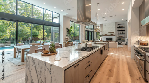 Elegant modern kitchen with central island and eyeball lights using traditional Kiara, marble worktops. Natural light, stainless steel appliances