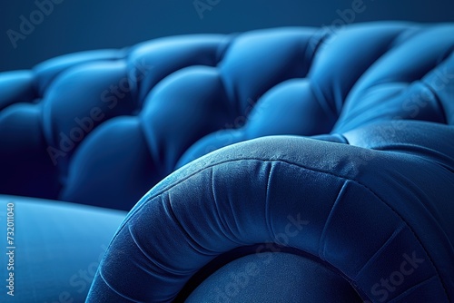 Upholstered furniture made of velor blue fabric with rounded elbows close-up. An element of upholstered furniture with a stitched sidewall in deep shadows with an empty space for text with cop.
