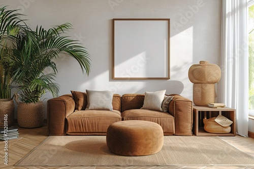 Warm and cozy interior of living room space with brown sofa, pouf, beige carpet, lamp, mock up poster frame, decoration, plant and coffee table. Cozy home decor. Template.