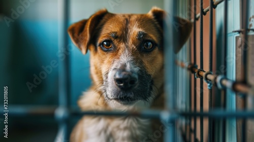 Photograph illustrating the plight of a forlorn dog in a shelter enclosure. The concept of caring for animals, the problem of homeless animals.