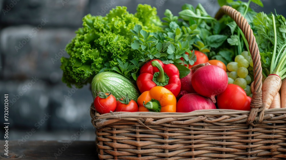 Fototapeta premium Bountiful Harvest: A rustic basket brimming with fresh, colorful vegetables, epitomizing farm-to-table freshness and natural abundance
