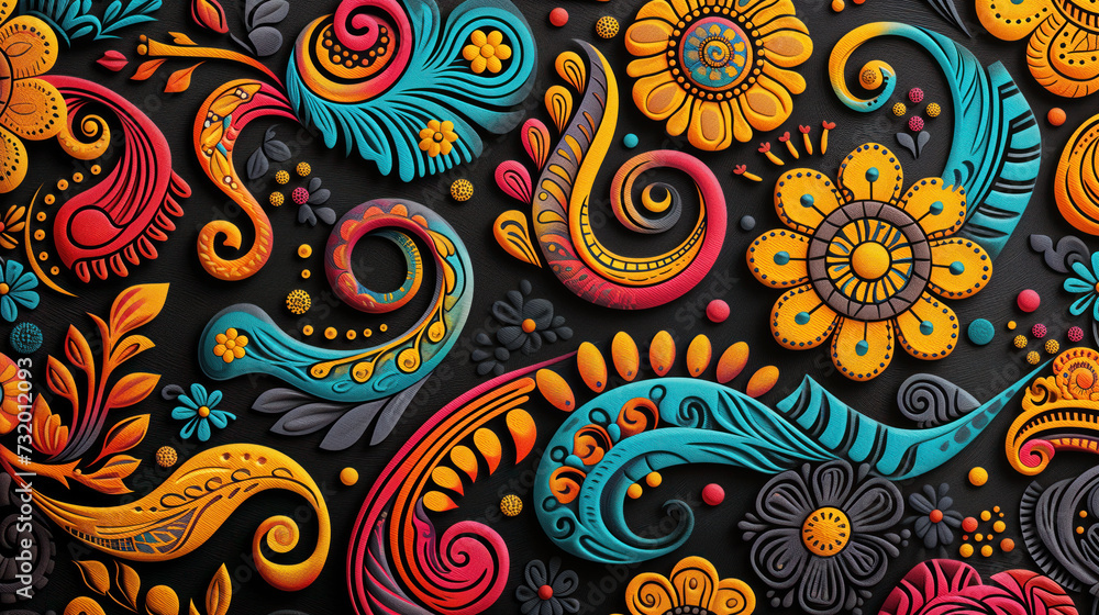 Seamless Hindi ethnic pattern, hand-painted details with black background Seamless Hindi ethnic pattern, hand-painted details with black background