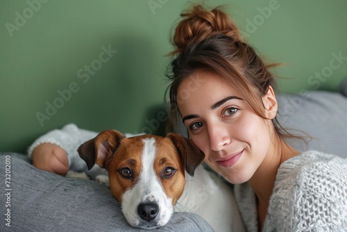 Young woman with Jack Russel terrier resting on grey sofa near green wall.