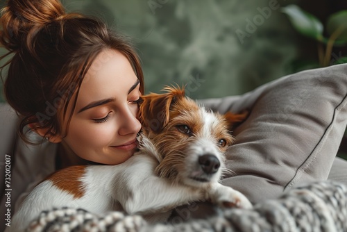 Young woman with Jack Russel terrier resting on grey sofa near green wall.