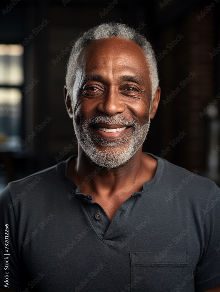 Smiling senior black man posing inside a room looking at the camera Smiling senior black man posing inside a room looking at the camera