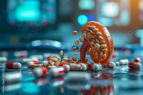 A balloon-like kidney-shaped object that represents the accumulation of drugs and medications in the kidneys and kidney damage. AI-generated