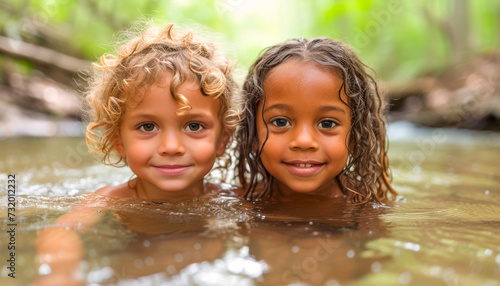 Group of Happy Kids Enjoying Playtime in a Tropical Water Stream