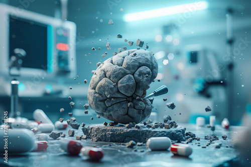 Illustration of Kidney stone in the shape of human kidney surrounded by tablets and pills that gradually destroy him. AI-generated illustration photo