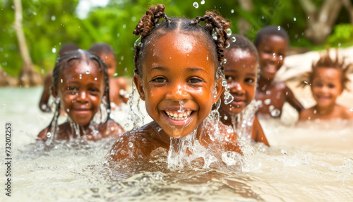 Joyful Children Playing in Water  Close-up of Smiling Girl with Droplets