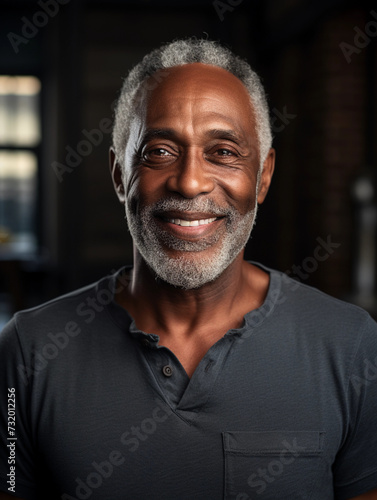 Smiling senior black man posing inside a room looking at the camera 