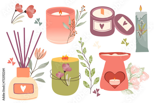 Scented candles set. Cozy collection of candles. Hygge time. Aromatherapy and relaxation set. Hand drawn flat vector.