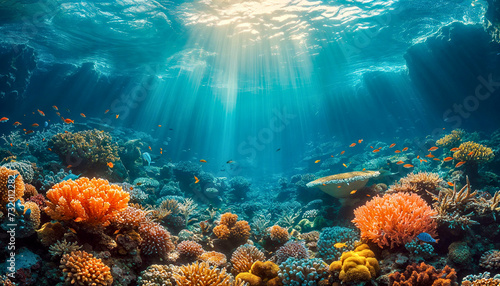 Sunlight Piercing Through Water in an Aquatic Scene with Vibrant Fish