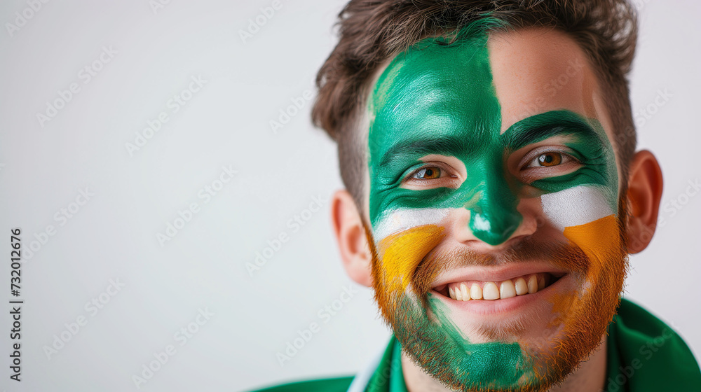 Ireland flag face paint, Close-up of a person's face, symbolizing patriotism or sports fandom. Ireland flag face paint, Close-up of a person's face, symbolizing patriotism or sports fandom.