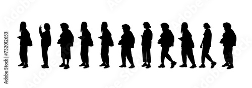 Set of silhouettes of men and a women, a group of standing business people, black color isolated on white background	

