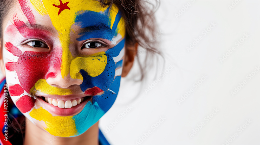 Malaysia flag face paint, Close-aup of a person's face, symbolizing patriotism or sports fandom.