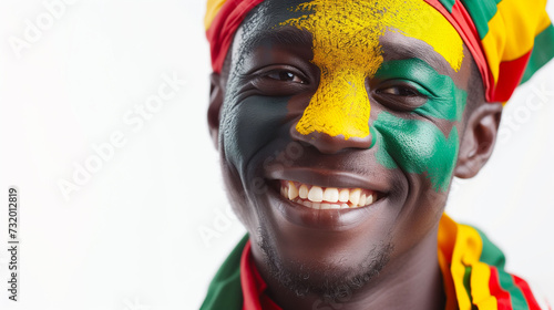 Mali flag face paint, Close-up of a person's face, symbolizing patriotism or sports fandom.