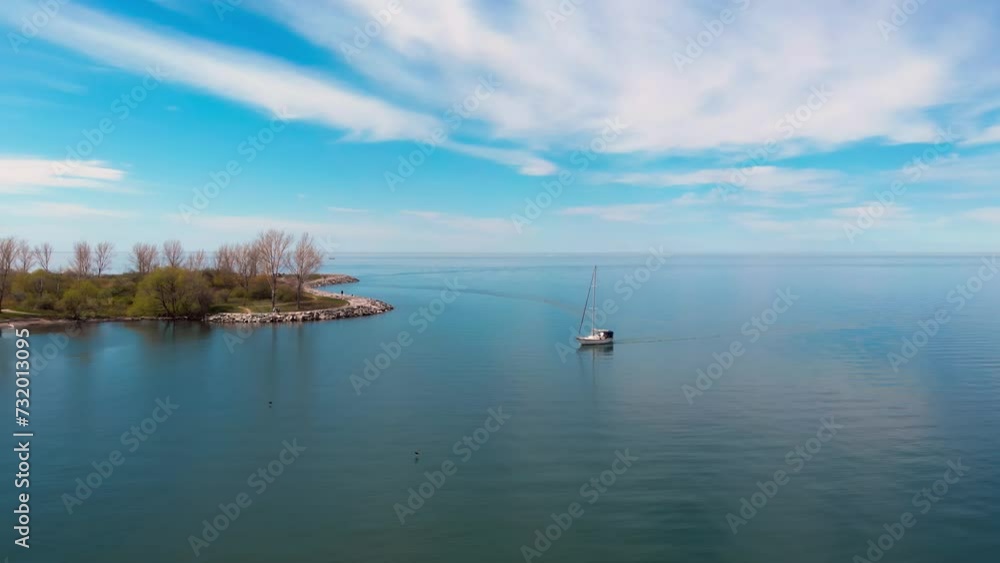 Boat halts small island, North American Lake Ontario, solitude. Serene solitude evident boat anchors near untouched nature. Solitude embraced scenic isolation, boat rest. serene waters. Drone view. Boat halts small island, North American Lake Ontario, solitude. Serene solitude evident boat anchors near untouched nature. Solitude embraced scenic isolation, boat rest. serene waters. Drone view.