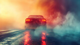 Sports car performing a burnout with smoke on a dramatic sunset background.