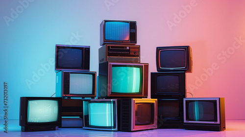 Vintage televisions stacked with colorful neon lights background.