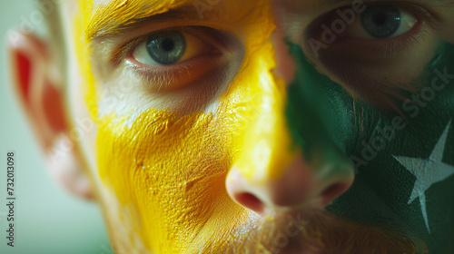 Brazil flag face paint, Close-up of a person's face, symbolizing patriotism or sports fandom. photo