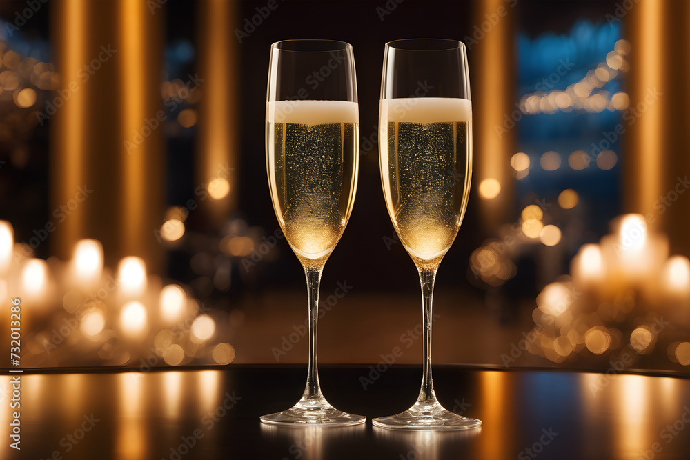 Two champagne glasses poised for a celebratory toast, crystal clear, reflecting the ambient golden hue of a luxurious ballroom. Generative AI Two champagne glasses poised for a celebratory toast, crystal clear, reflecting the ambient golden hue of a luxurious ballroom. Generative AI
