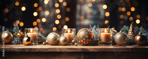 wooden table background with background lights and christmas tree