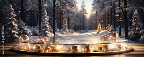 wooden table with lights in the snow forest
