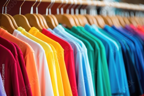 Colorful Summer t-shirts on hangers in a shop. T-shirt display. T-shirt shop. Clothing store. Summer clothes. 