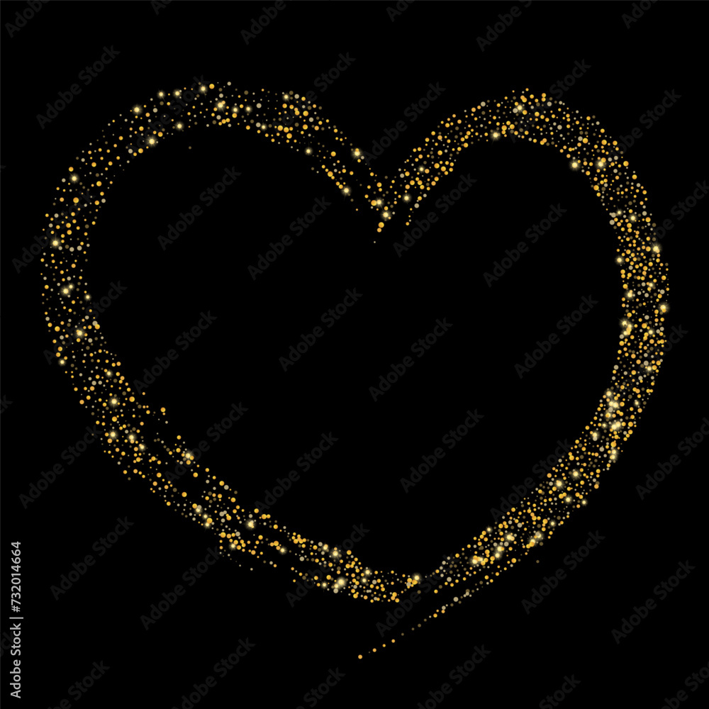 Confetti with gold glitter in the shape of a heart on a black background. Shiny particles and sand are scattered. Decorative element, golden heart. Luxury holiday background, vector Confetti with gold glitter in the shape of a heart on a black background. Shiny particles and sand are scattered. Decorative element, golden heart. Luxury holiday background, vector
