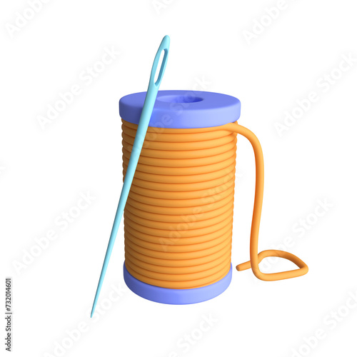 Spool with thread and needle isolated on white background. 3d rendering