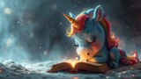 Cartoon character of a unicorn immersed in reading a book on a pastel background.
Concept of use: mythical animal from children's books and imagination