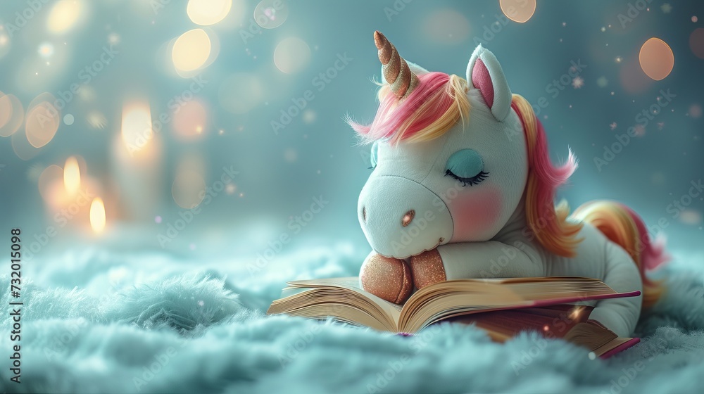 Cartoon character of a unicorn immersed in reading a book on a pastel background.
Concept of use: mythical animal from children's books and imagination - obrazy, fototapety, plakaty 
