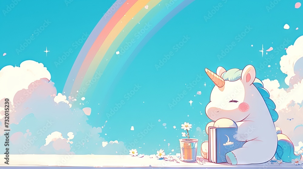 
A rainbow unicorn sits on a cloud above books, against a blue sky with a rainbow.
Concept of use: mythical animal from children's books and imagination, illustration of activities and festivals for k