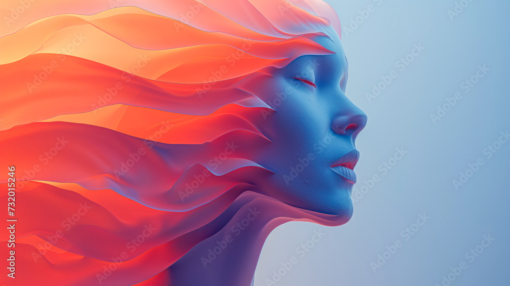Woman face emerging from fire - Artistic 3d design representation of spirit of creativity and wondrous curiosity tested through the heat of internal struggle 