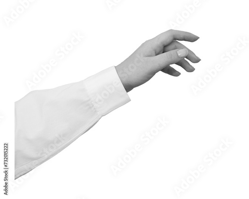 Black and white relaxed hand in a white shirt points or touch with a finger isolated on transparent background - element for collage
