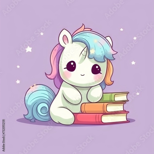 Cute unicorn sitting and reading a book in a magical atmosphere Concept of use: mythical animal from children's books and imagination, illustration of activities and festivals for kids